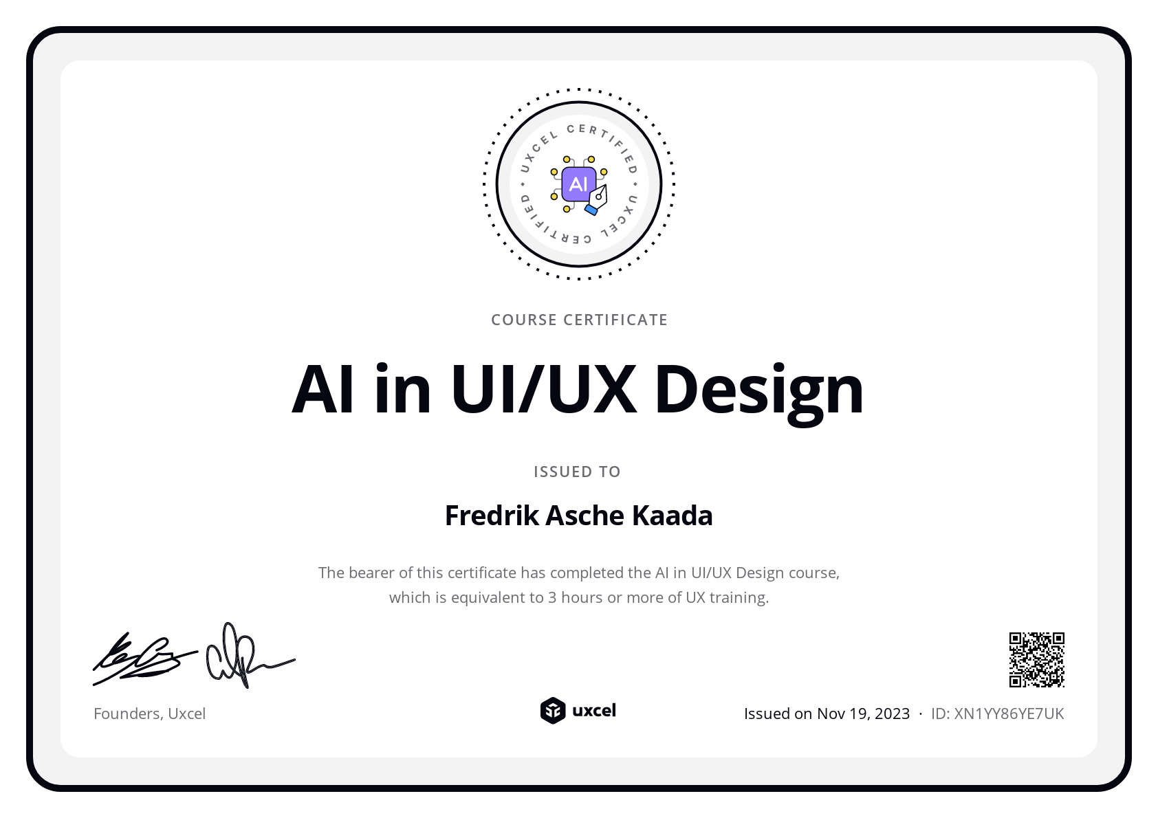 Fredrik Asche Kaada's certificate